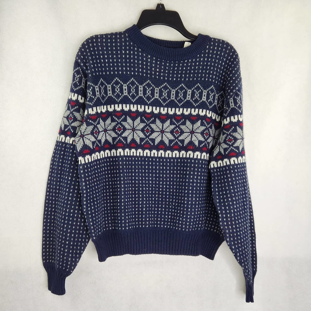 Vintage 80s 90s Ski Sweater Steep Slope Retro Nordic Men L Blue Fair Isle